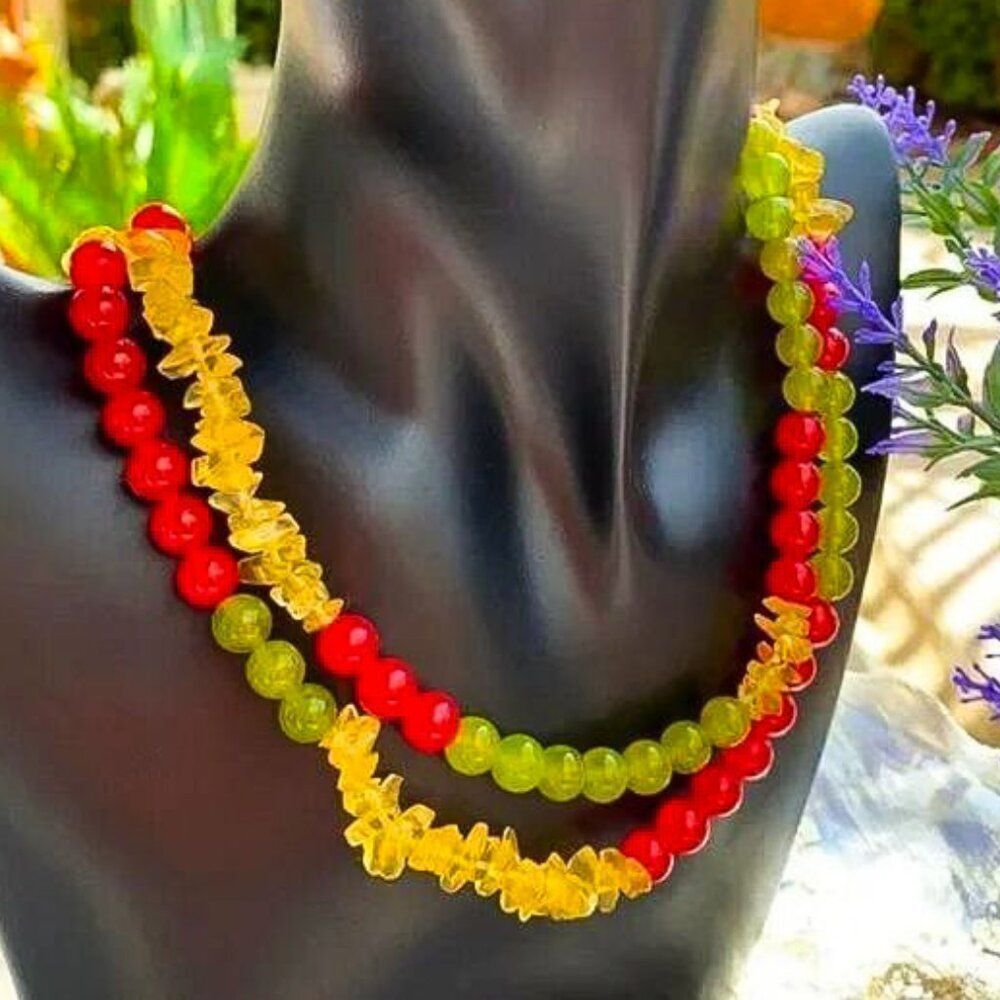 Vintage Peridot, Carnelian & Citrine Gemstone Necklace 850 Silver